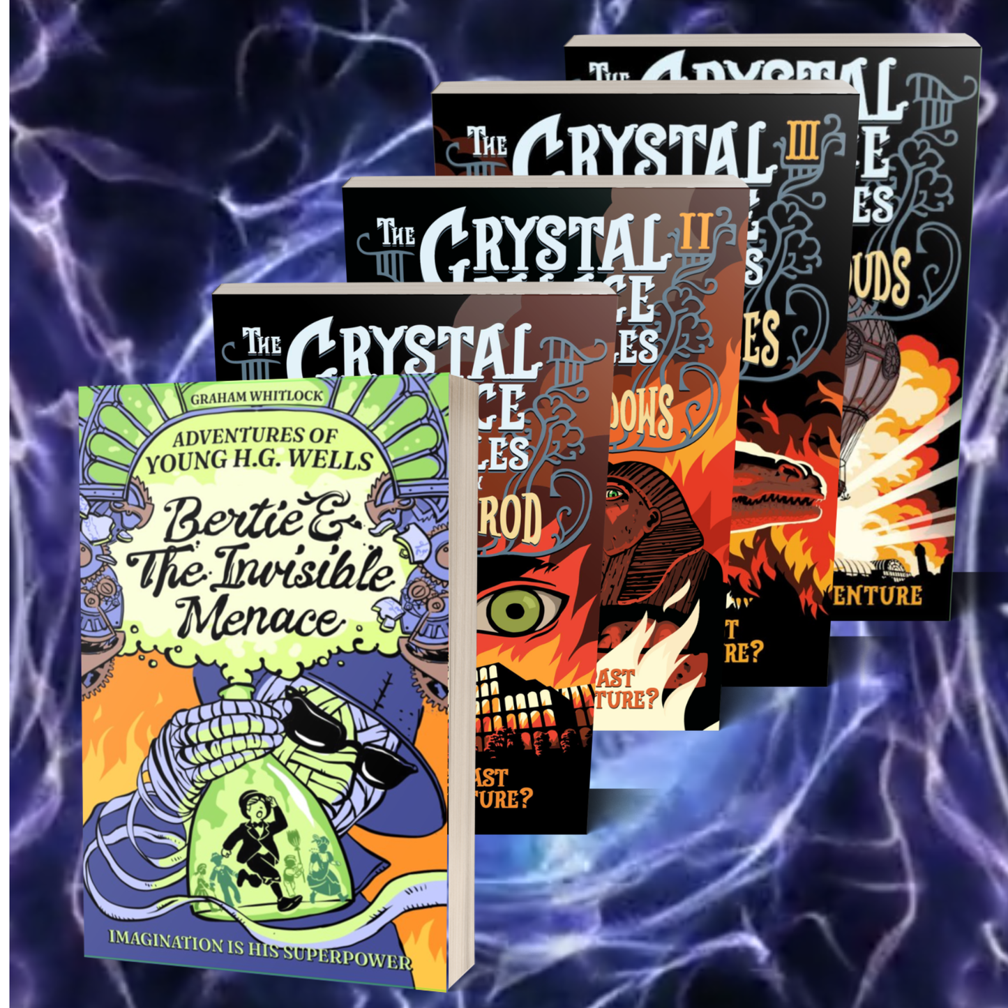Collection of adventure books titled 'The Crystal' series and 'Adventures of Young H.G. Wells' on a mystical background.