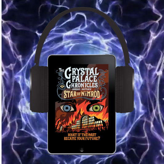 Tablet with 'The Crystal Palace Chronicles Book 1 Star of Nimrod' book cover displayed on a mystical background with glowing eyes above Victorian Crystal Palace