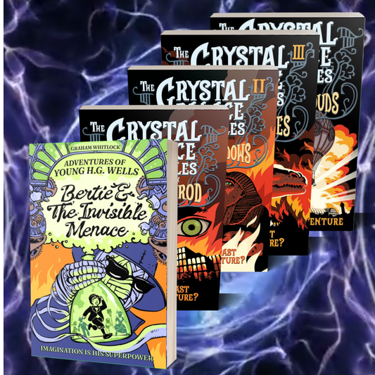 Collection of adventure books titled 'The Crystal' series and 'Adventures of Young H.G. Wells' on a mystical background.