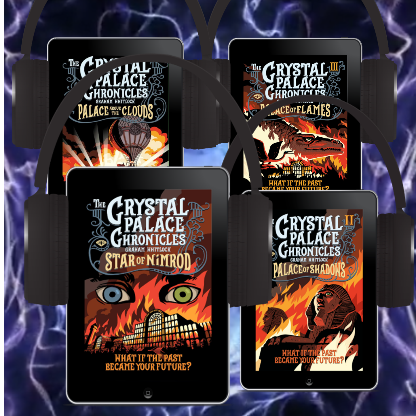 Four books from 'The Crystal Palace Chronicles' time travel series back to Victorian Crystal Palace displayed on a dark background with mystical designs.