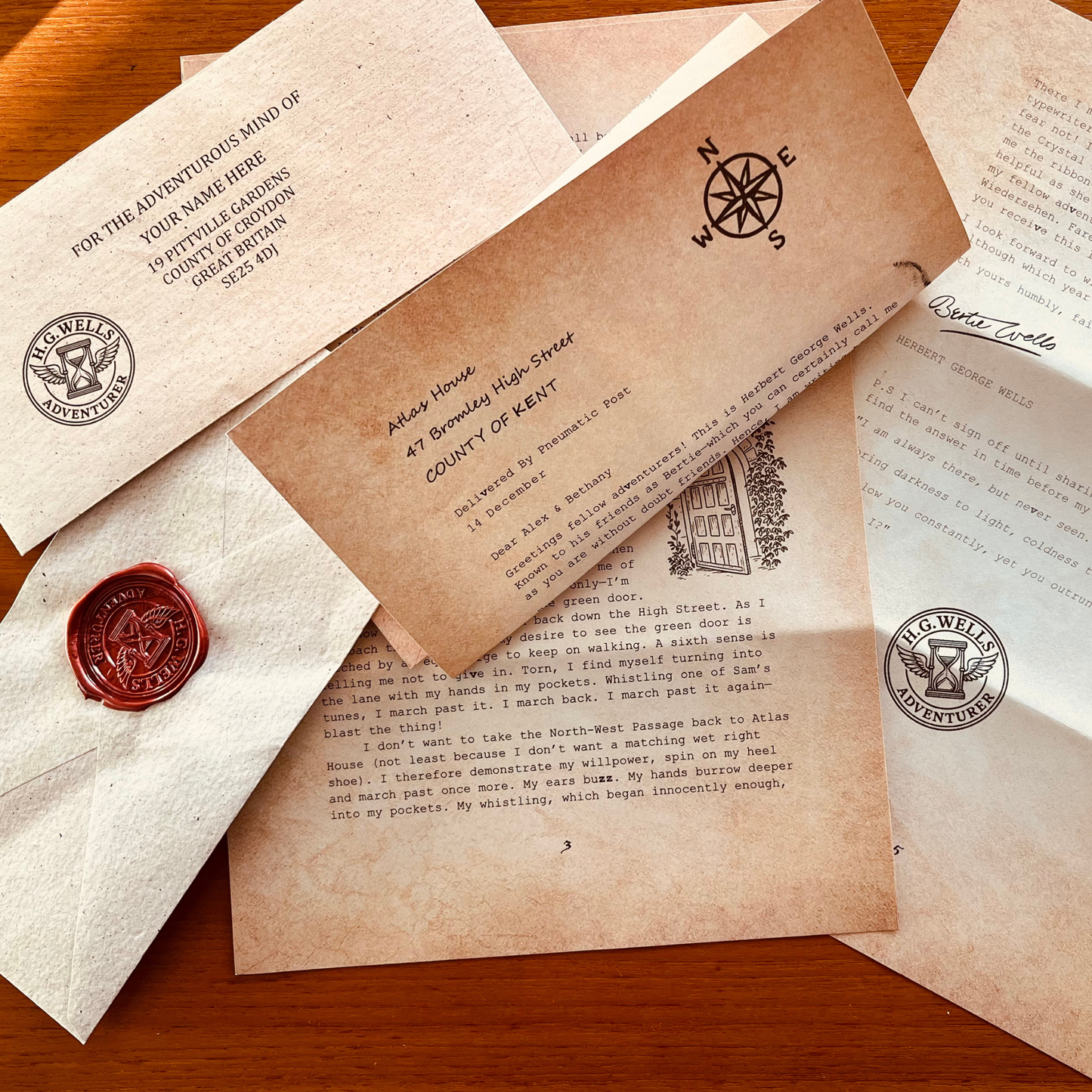 Personalised vintage-style letters and envelopes with stamps and wax seals containing Victorian stories and puzzles