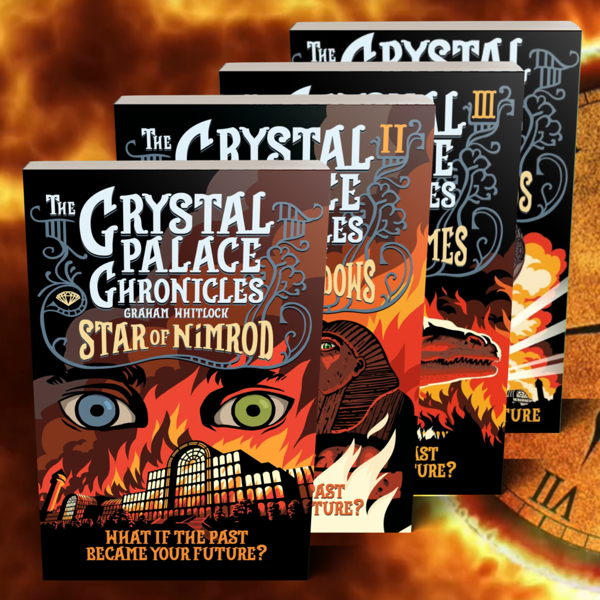 4 Books from 'The Crystal Palace Chronicles' time travel adventure series back to Victorian Crystal Palace with a fiery background